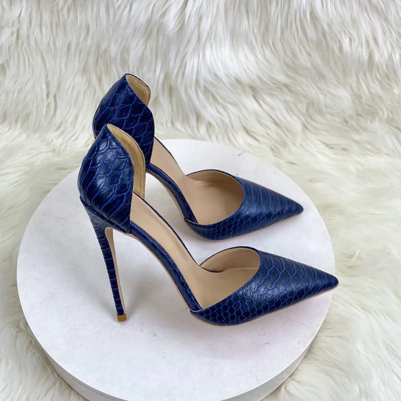 Ke Shang Jia  Navy Blue Crocodile Effect Pattern Women Sext Pointy Toe High Heel Shoes Chic Ladies Slip On Stiletto Pumps 33-45