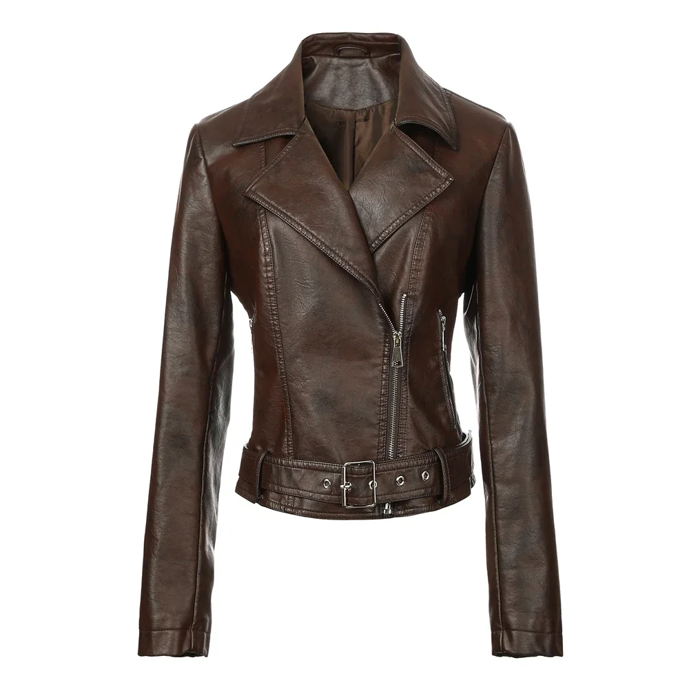 ​​Ladies' Front Zip Faux Leather Coat Belted Waist & Silver Studs | Back Princess Motorcycle Style​​
