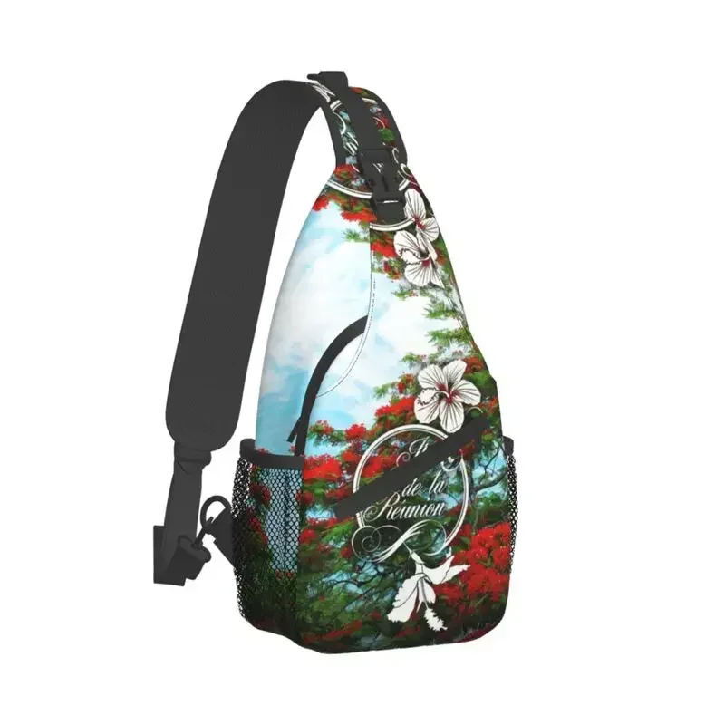 Flower 974 Reunion Island Crossbody Sling Backpack Men Custom Flamboyant Hibiscus Chest Shoulder Bag for Cycling Camping Daypack