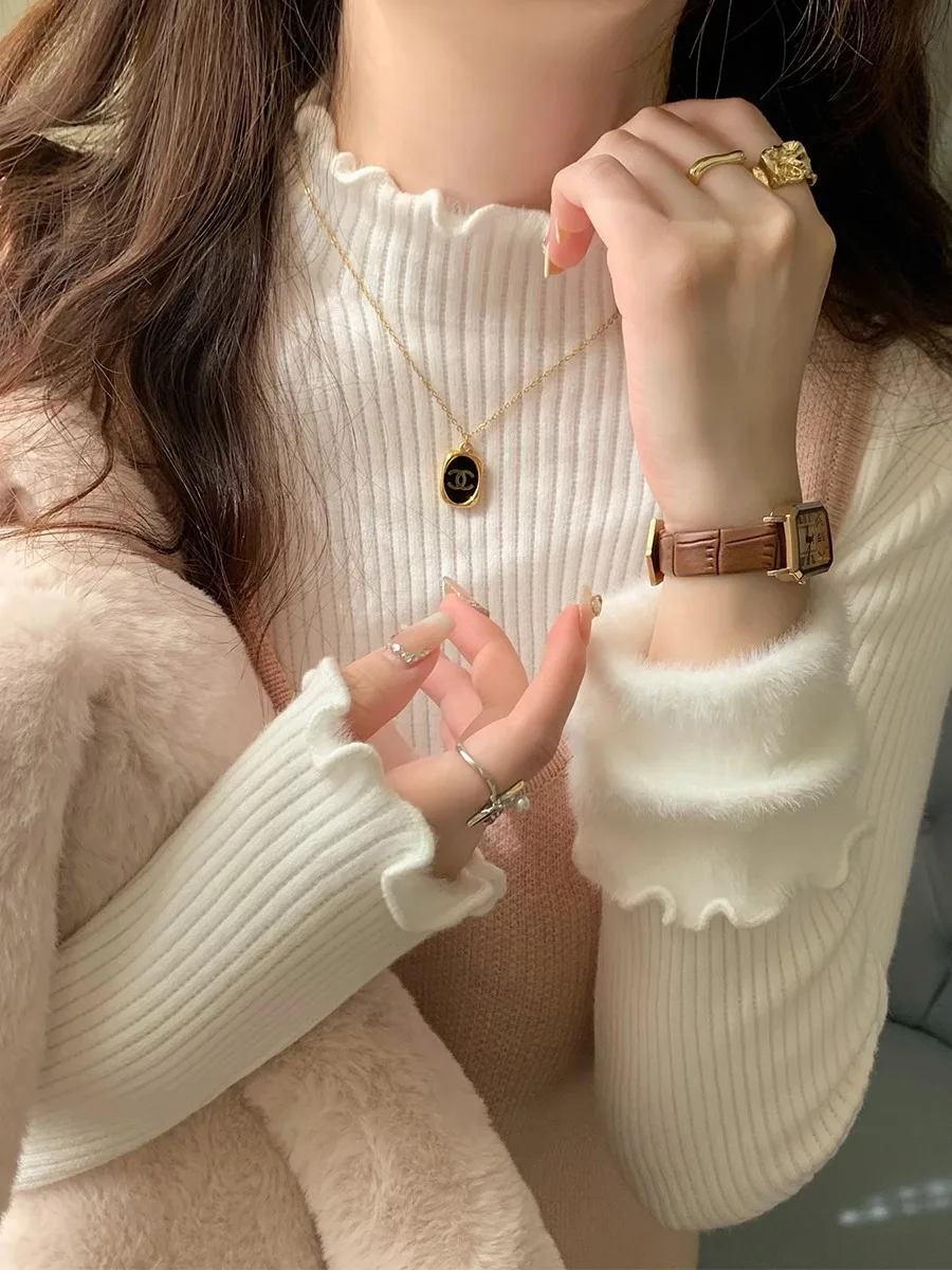

Thiened Fce Lined Knitted f High Collar Women's Base irt Spring Season Casual Sle Windproof Long Sve Sweater