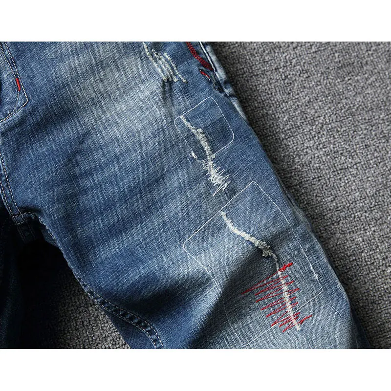 

Y2Kstreet clothing men's stretch jeans retro blue slim fit distressed jeans men's embroidery designer retro denim pants