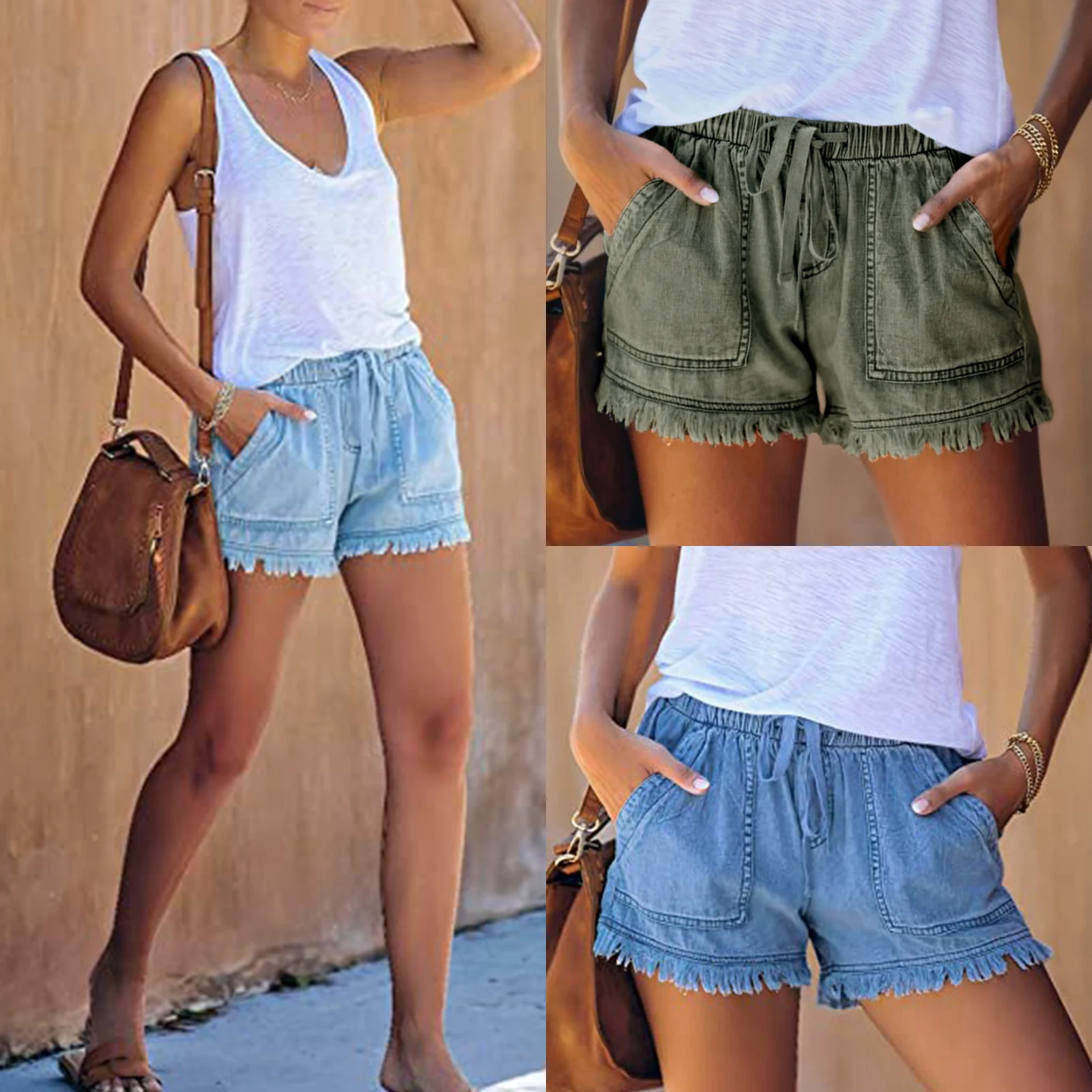 Shorts jeans lavados para mulheres, estético, casual, cintura alta, cordão, elástico na cintura, bainha desfiada, streetwear solto