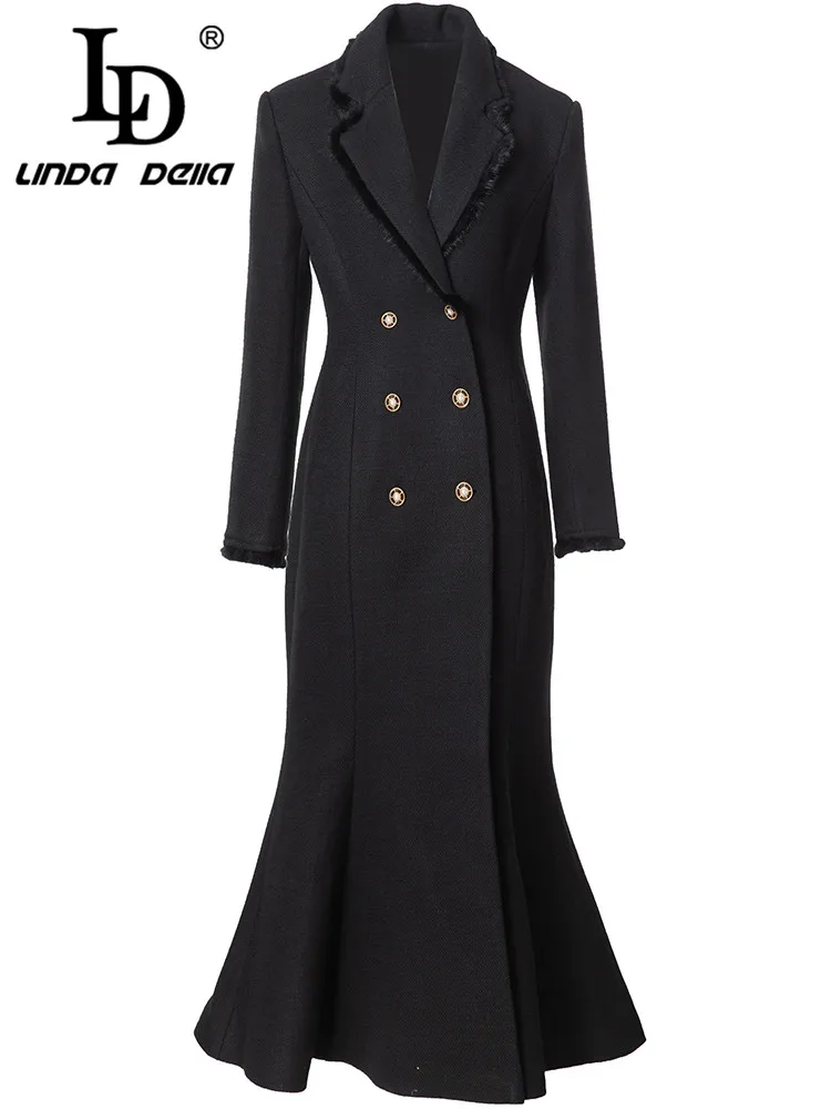 LD LINDA DELLA Autumn winter Designer Coat Women Notched Double breasted Long-Sleeved Black Slim Fit Long Coat