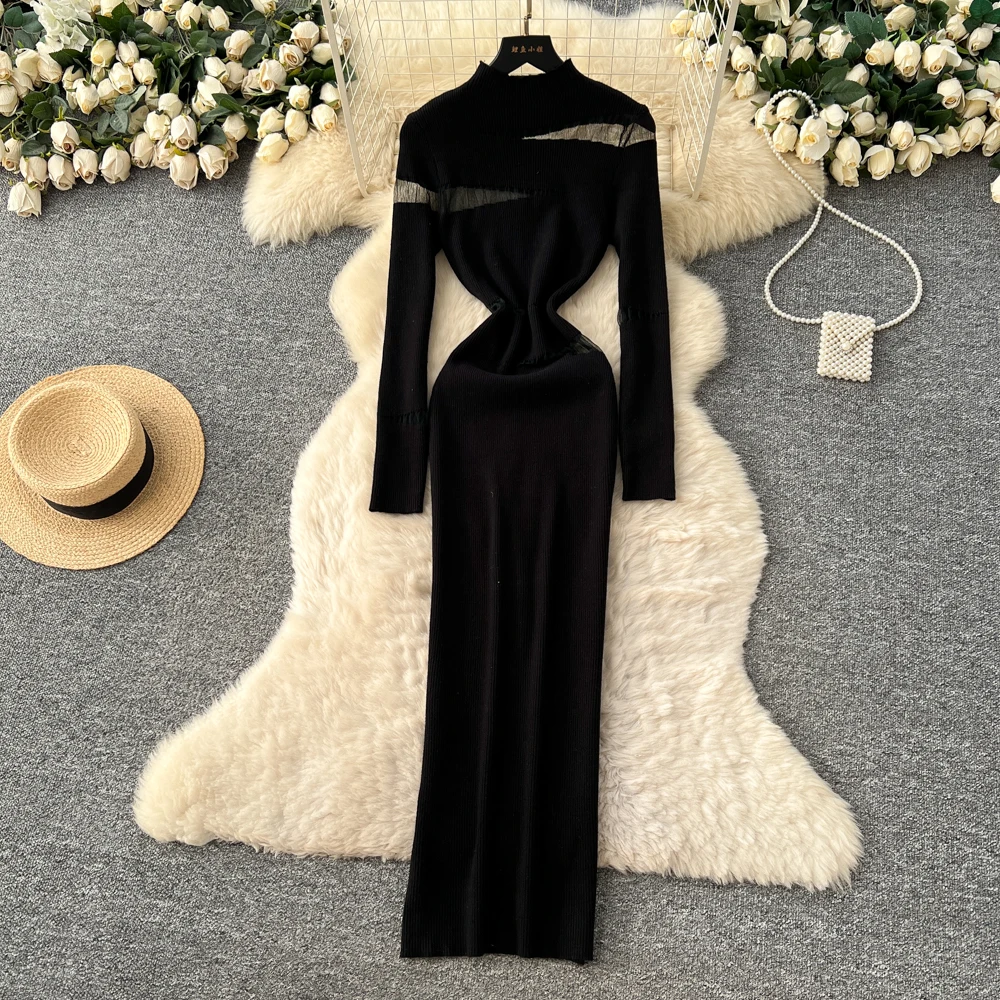 REALEFT automne hiver élégant irrégulier évider femmes robe tricotée à manches longues col roulé décontracté gaine robe portefeuille femme