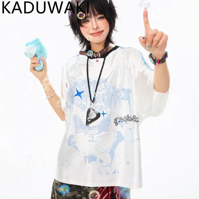 

American Vintage Cartoon Print Short Sleeve Tshirt Women Summer 2025 Loose Casual Patchwork Top Y2k Aesthetic Punk Street Tee