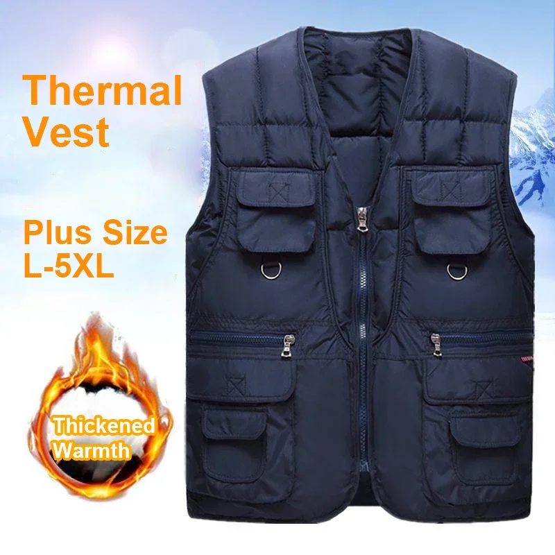 

Зимние теплые мужские стеганые жилеты для улицы с несколькими карманами, тактический жилет для рыбалки, мужской жилет без рукавов на молнии, однотонная охотничья куртка