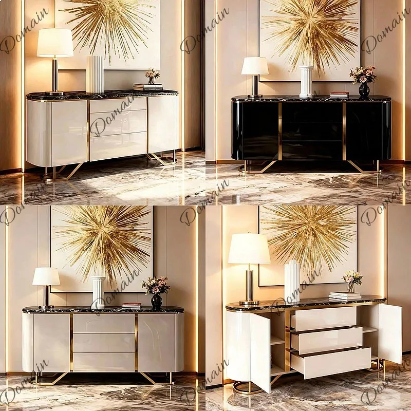 Luxury Italian Marble Sideboard with Metal Legs Painted Cabinet for Entryway Living Room No Assembly