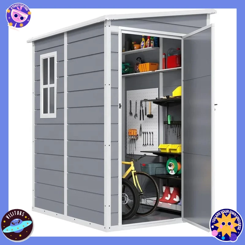 

Waterproof outdoor plastic garden shed with small tilt to garden tool shed
