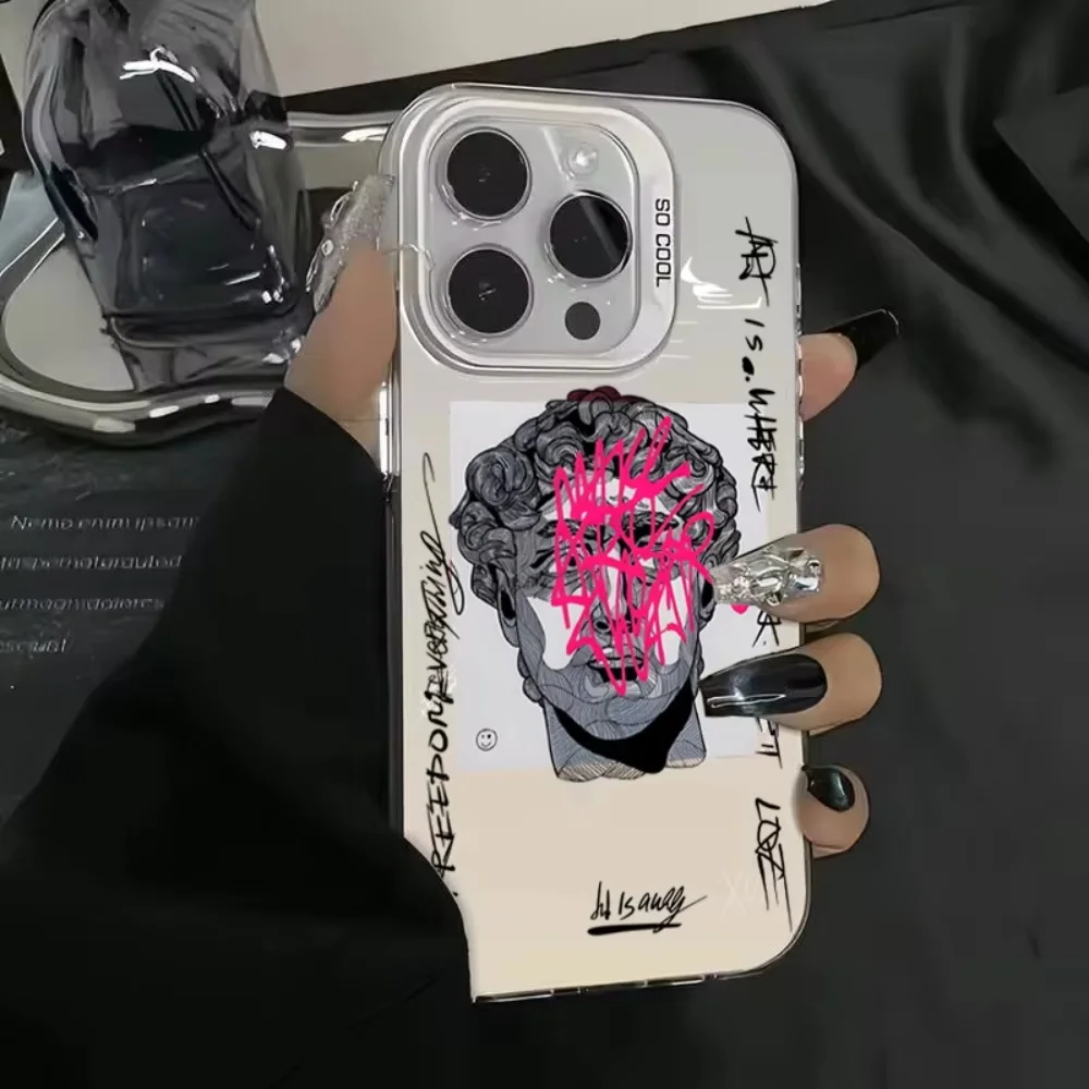 

Graffiti Great Art Aesthetic David Mona Lisa Electroplate Silver IMD Case For iPhone 16 Pro Max 15 14 13 12 11 ProMax Plus Cover