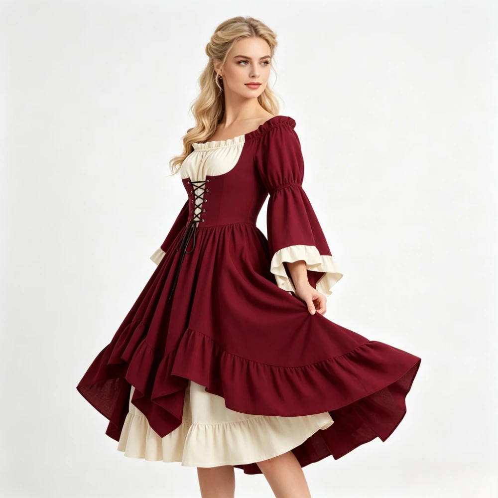 THEEPER Halloween Cosplay Mittelalterkleid, schulterfreies, hoch-tiefes Rüschenkleid, Vintage Piraten-Bauernkostüm für Mottopartys