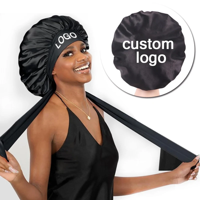 

Large Silk Bonnet For Sleeping Roomy Satin Bonnet Custom Logo Big Hair Bonnet With Tie Band Night Sleep Bonnets Cap For Women