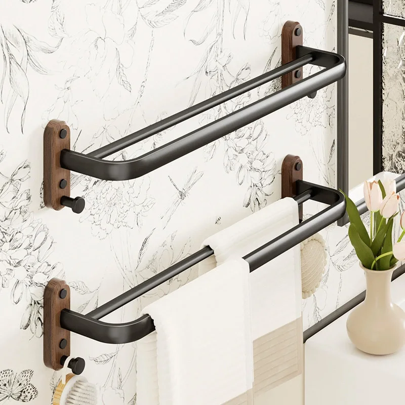 

Деревянная вешалка для полотенец из орехового дерева, настенное крепление для ванной комнаты, вешалка для полотенец без дрели, двойная штанга, душ, ванная комната, кухня, черная вешалка для полотенец, полка