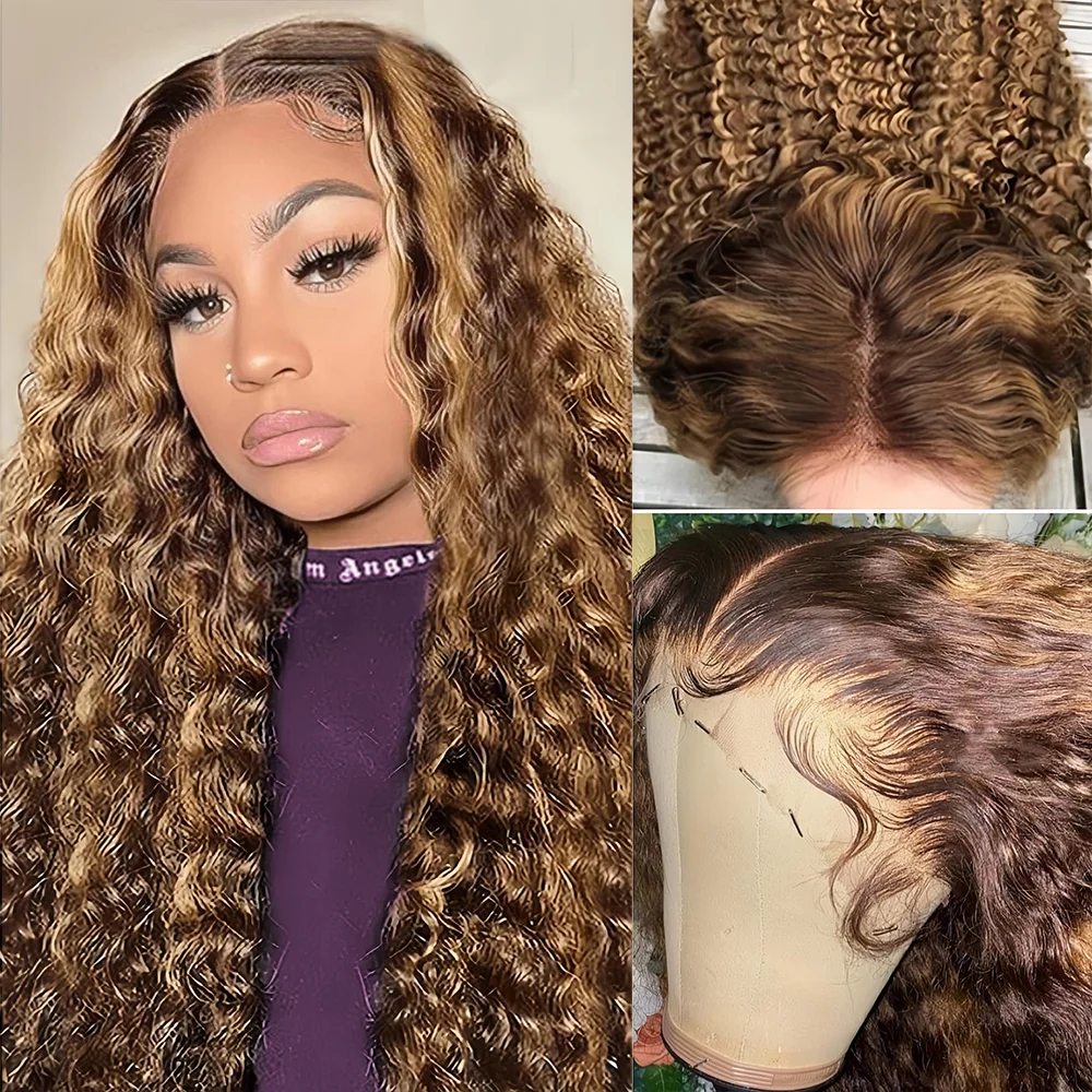 Peruki typu lace front z głęboką falą deep wave, 36 cali, 13x6, z pasemkami ombre, wykonane z ludzkich włosów, wstępnie wyskubane, kolor 4/27, peruki typu lace front 13x4 z falą water wave, kręcone.