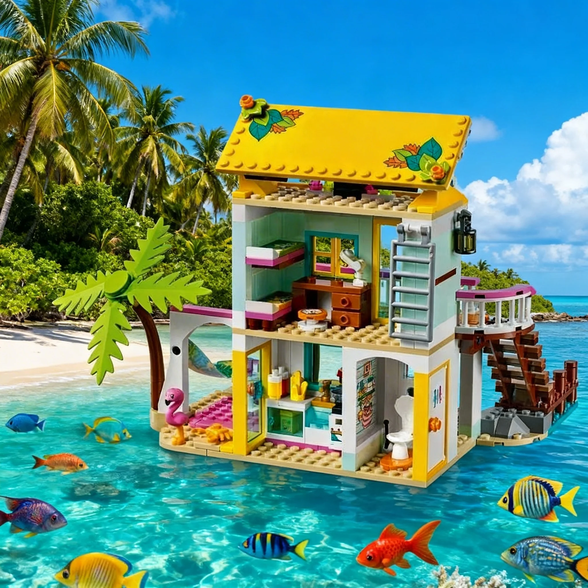 

2026 creative famous products seaside church model beach party toy building blocks men and women holiday gifts