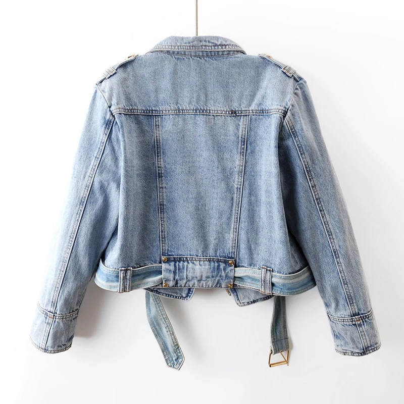 Giacca di jeans con cerniera a vita alta a maniche lunghe blu vintage da donna Capispalla da cowboy corto allentato Autunno Giacche di jeans coreani