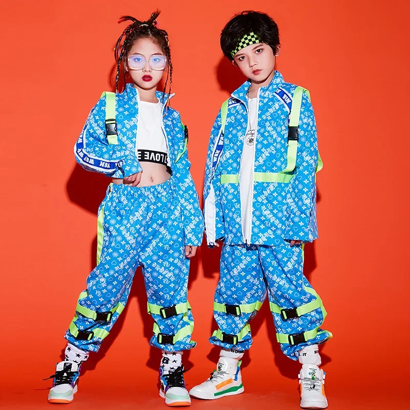 Girls Jazz Dance Tops Pants Blue Set Loose Street Dance Clothing For Boys Show Stage Outfit Wear Kids Hip hop Costume