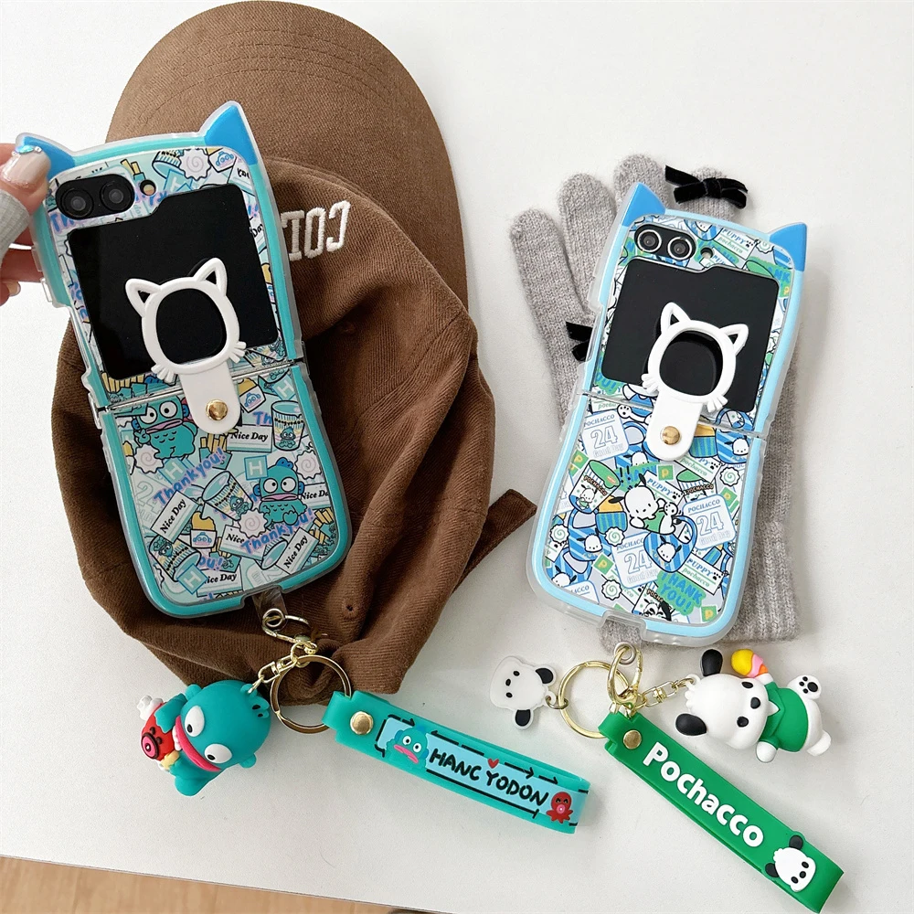 

Cute Cartoon Pochacco Hangyodon 3D Cat Ear with Pendant Phone Case for Samsung Galaxy Z Flip 3 4 5 6 5G PC Hard Back Cover Funda