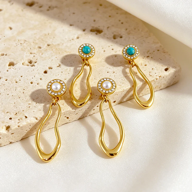 Irregular Natural Stone Stainless Steel Ear Clips Female 18K Gold-Plated Non Pierced Waterproof Dangle Clip on Earrings Jewelry