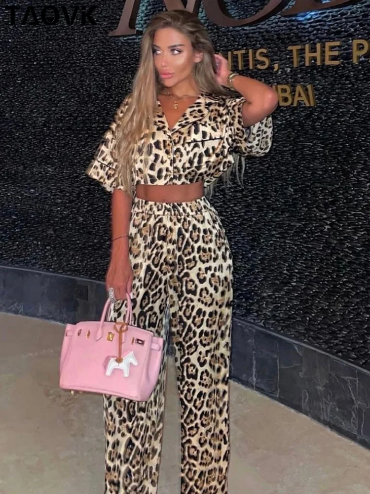 TAOVK Women’s Pants Suits Sexy Leopard V-neck Short Sleeve Mini Tops Shirts +Wide Leg Trousers 2 Pieces Sets Outwears