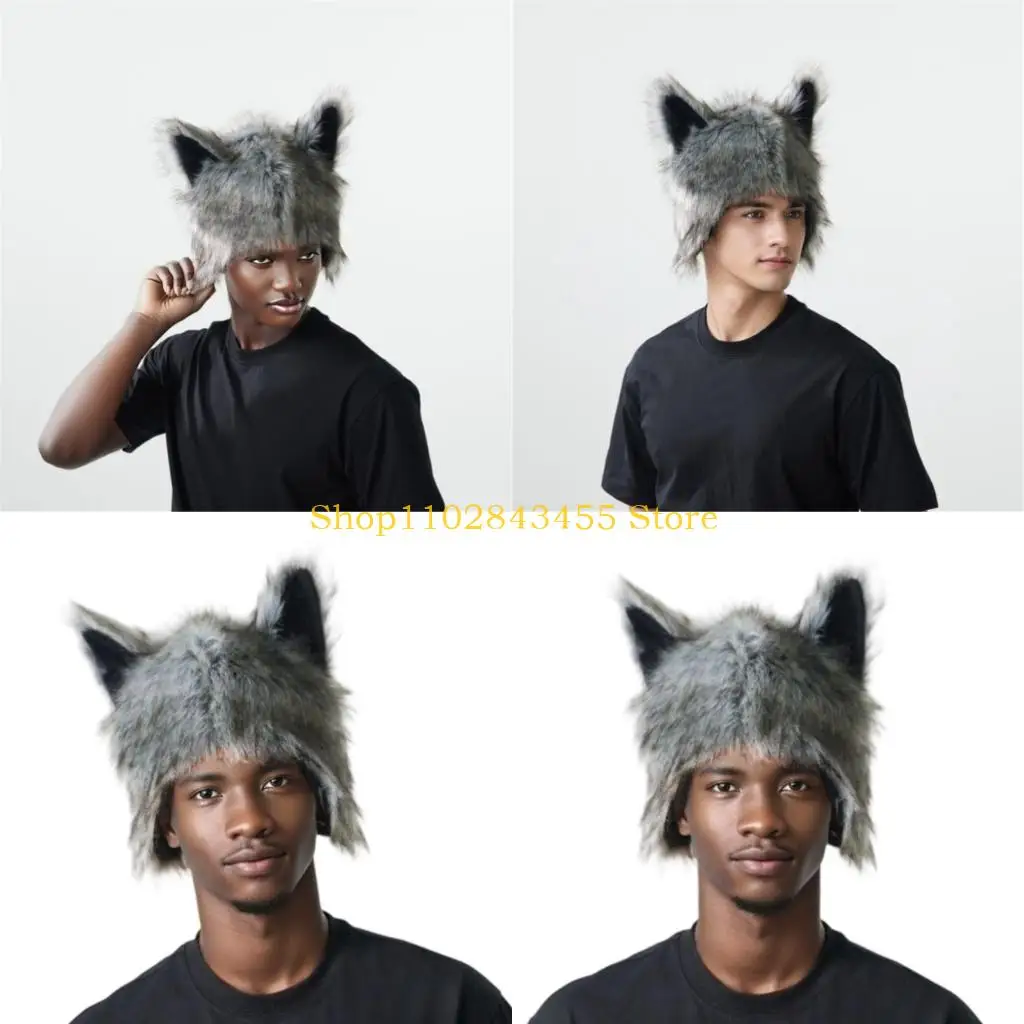 

49MC Fashion Plush Wolf Ear Hat With EarFlaps For Winter Outdoor Activity Cold Weather Head Protector Halloween Headwear