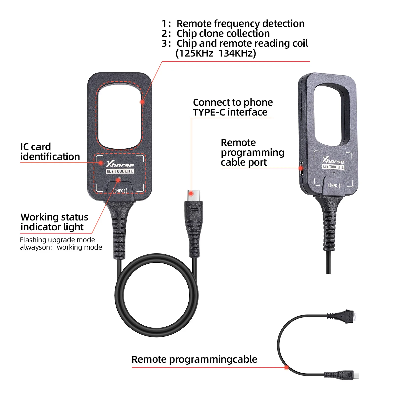 Xhorse VVDI BEE Key Tool Lite Frequency Detection Transponder Clone with 6 XKB501EN Wire Key Support Android with Type C Port