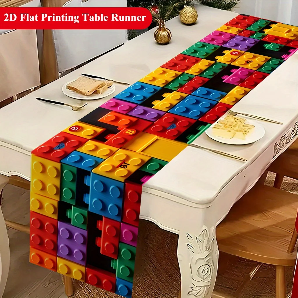 Colorful Toy Bricks Combination Pattern Table Runner - Creative Building Blocks Motif Decoration for Holiday Dining Home Party