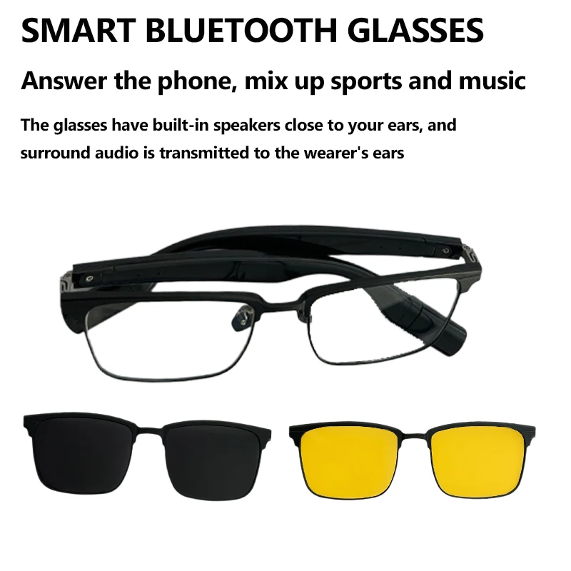 Tri color lens switching sunglasses business office media Bluetooth playback waterproof glasses detachable battery