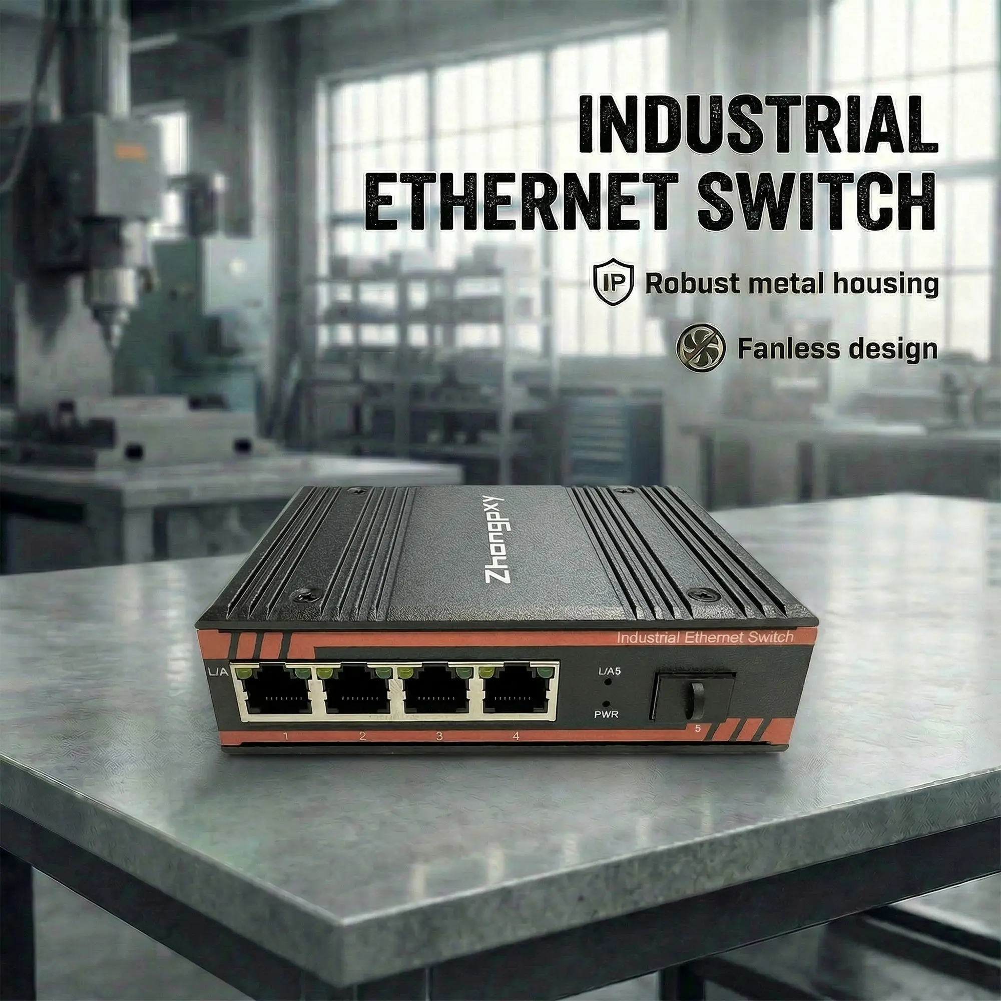 Industrial Ethernet Switch 4×Gigabit RJ45 + 1×SFP Fiber | 5-Port Unmanaged DIN-Rail Switch | IP40 Aluminum |12–52V DC|-40~80℃