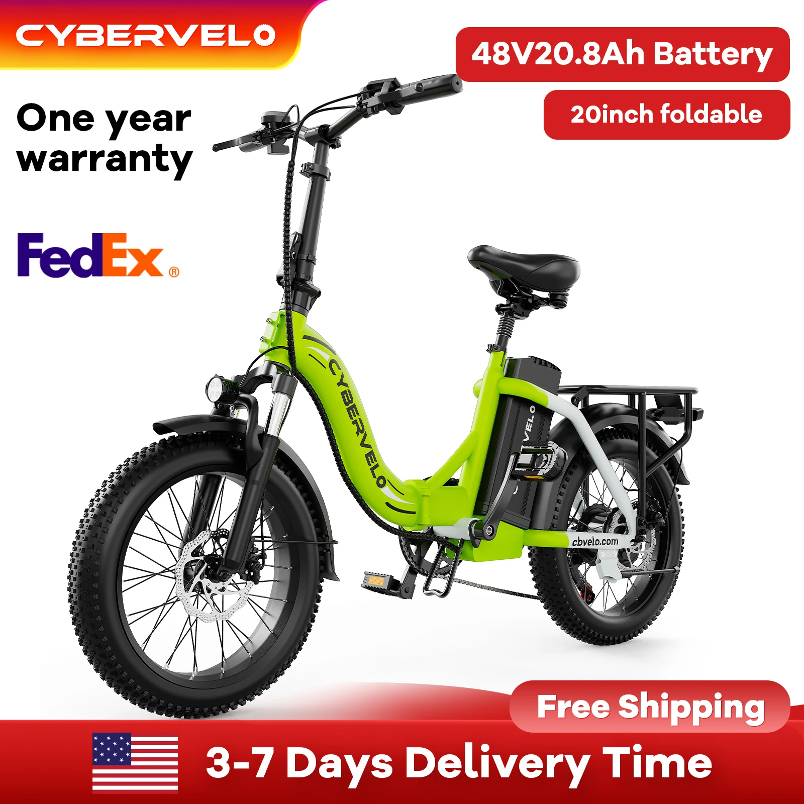 

Cybervelo Foldable Electric Bike, 48V 20AH Large Battery, 28+MPH, 80 Miles Max Range, 20" Fat Tire Commuter Man Women Mars700