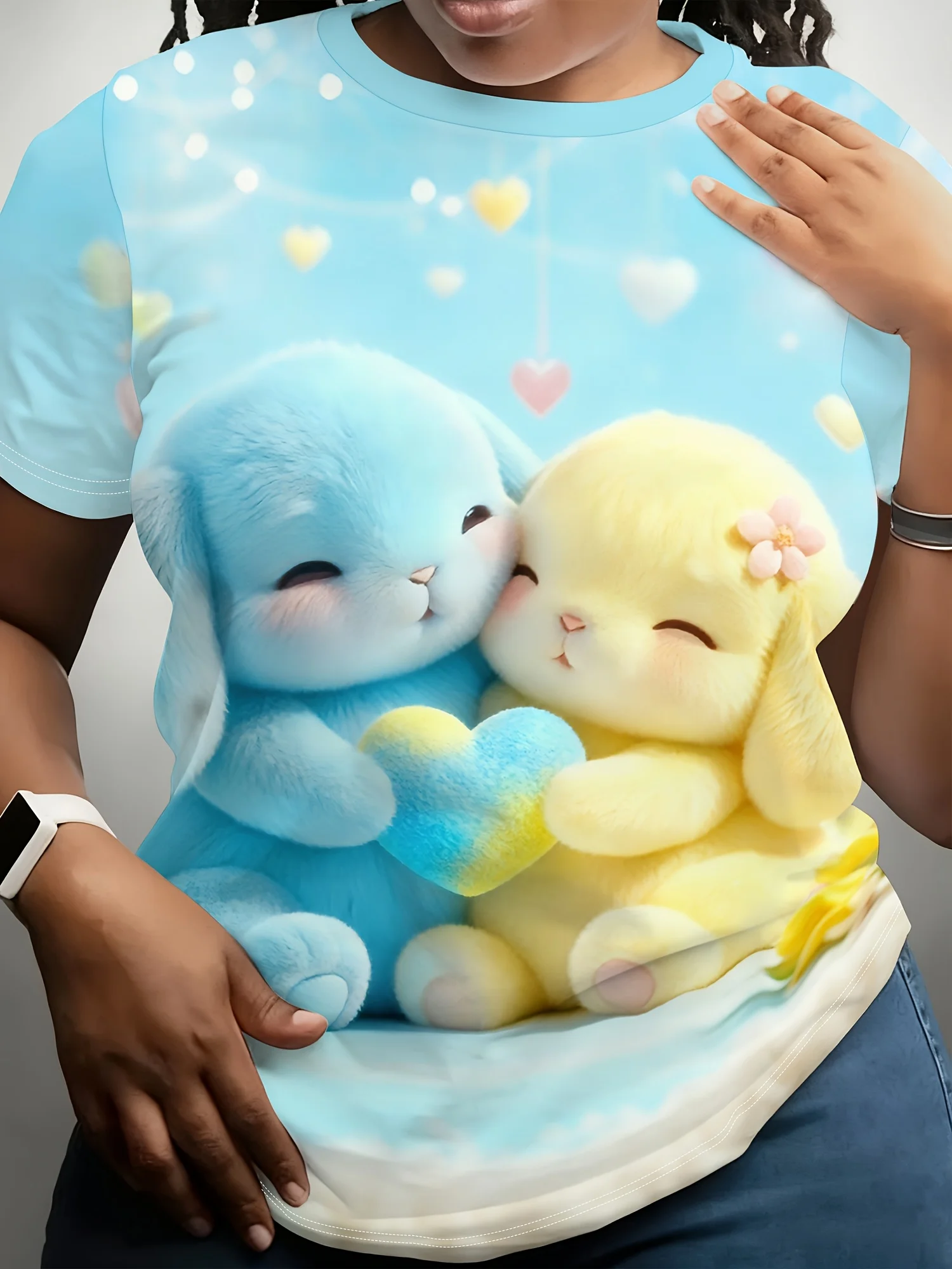 Women Crew Neck Short Sleeve T‑Shirt, Cute Fluffy Blue Yellow Lop‑Eared Bunnies With Hearts Soft Pastel Cloud Background
