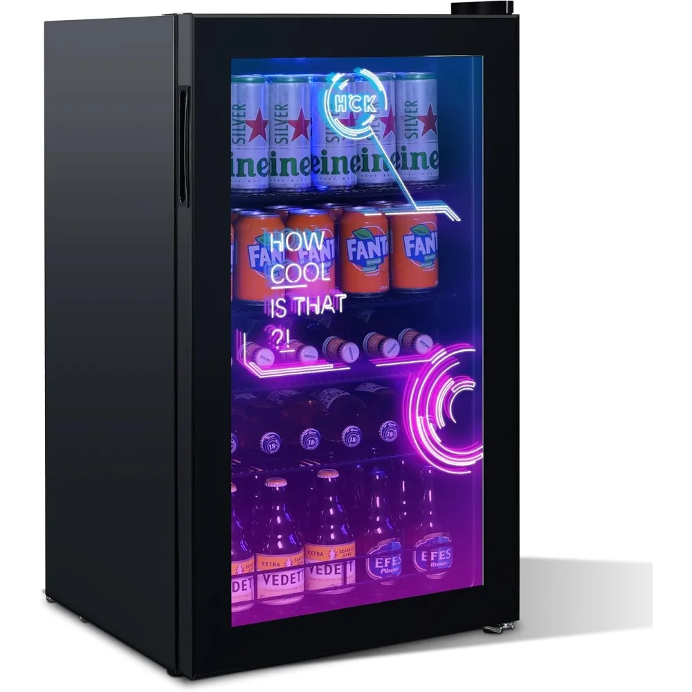 Beverage Refrigerator, Mini Gaming Fridge with Glass Door, Black Cyberpunk Beer Fridge LED Lighting Bar Fridge