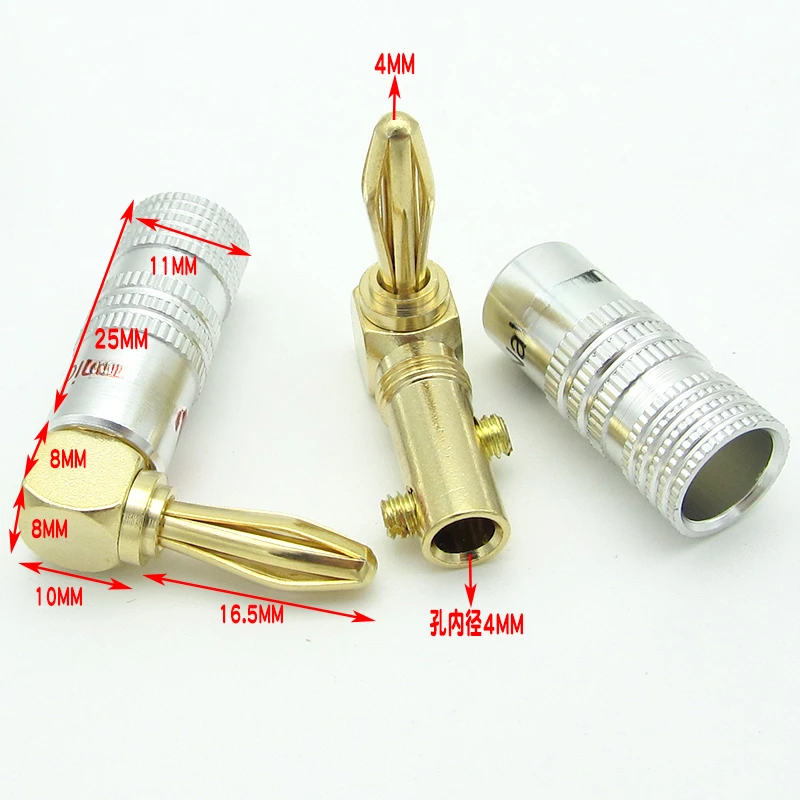 High-quality 4 PCS L Type Banana Plug Right Angle Speaker Adapter Wire Cable Connector Gold Plated For HiFi Musical Audio