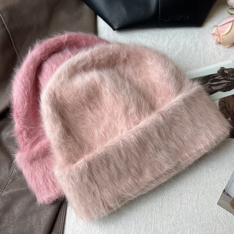 2023 neue Mode Kaninchen Fell Y2k Mützen für Frauen Weiche Warme Flauschigen Angola Winter Hut Weibliche Winddicht Motorhaube Hut Skullies Kappe – Detail 25