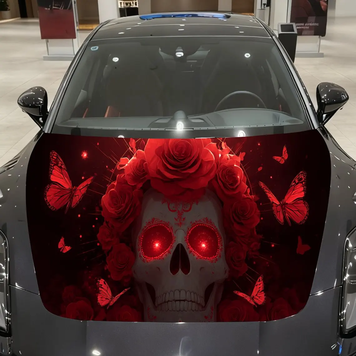 

Red Rose Skull with Butterflies Car Cover Sticker, Auto Hood Decal, Car Exterior Scratch Resistant Decal, Trendy Gift for Car Lo