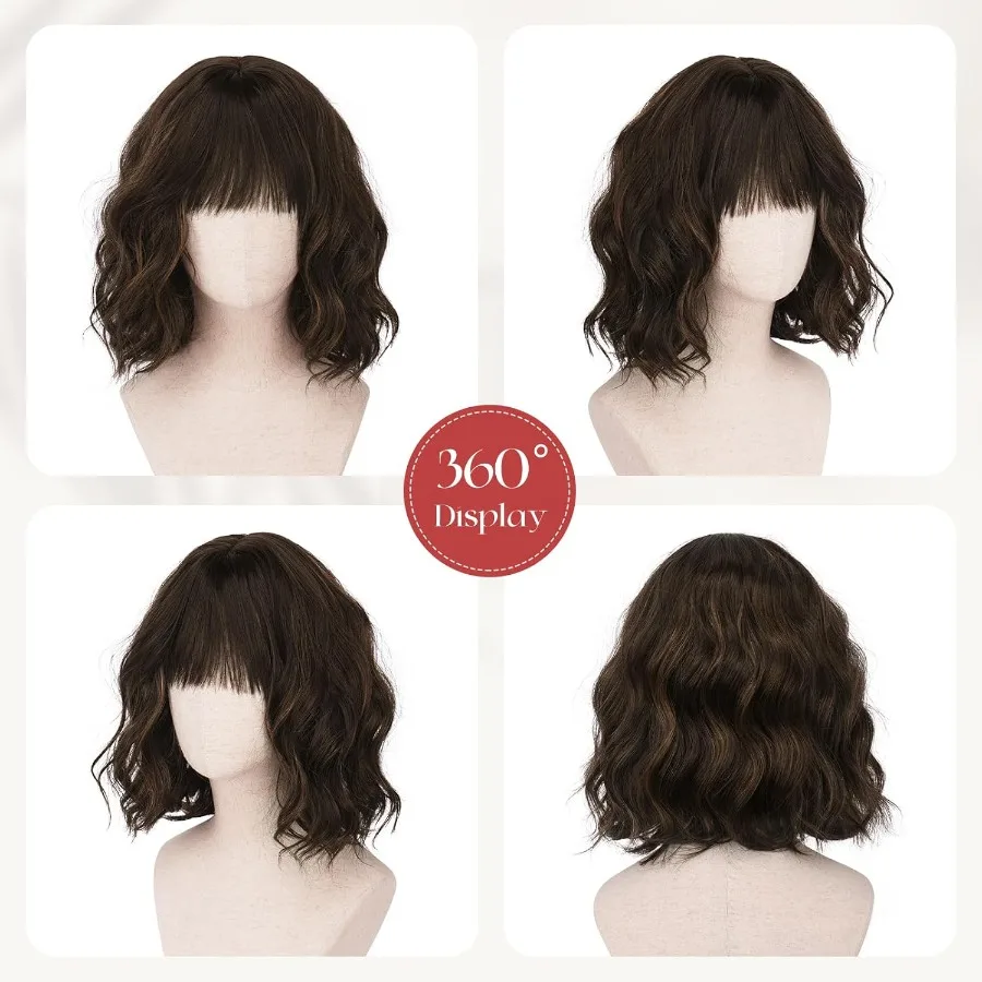 باروكة قصيرة مموجة بنية اللون للنساء بطول 12 بوصة مجعدة بطول الكتف مع غرة شعر مستعار صناعي ناعم مثالي لـ Da