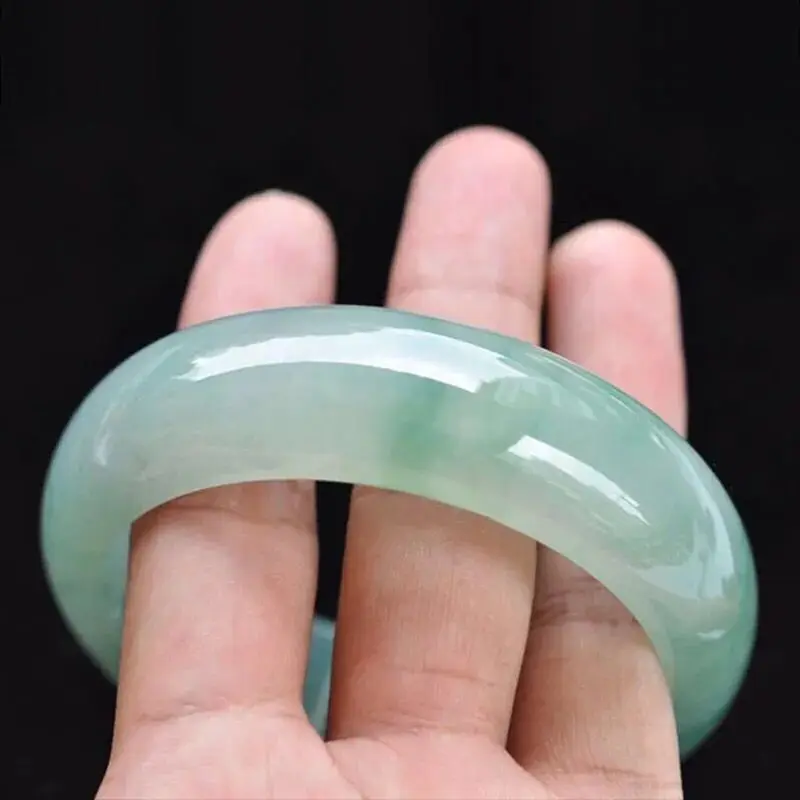 Myanmar natural jade bracelet, old mine, ice-type, light green, with oil-like inclusions, wider design, featuring floating patte view 4