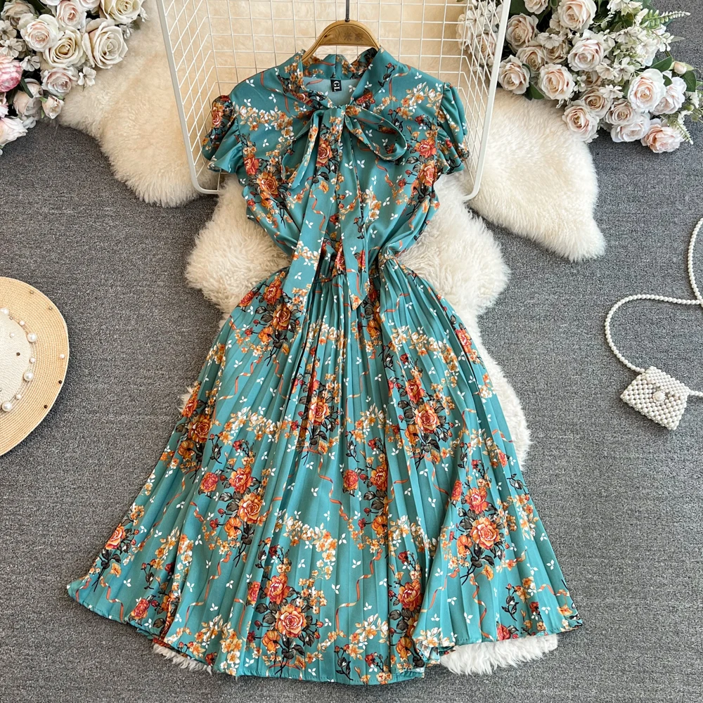 

ALPHALMODA 2024 Summer New Fashion Women Elegant Style Frill Sleeved Bow Tie Collar A-line Printed Pleated Dress