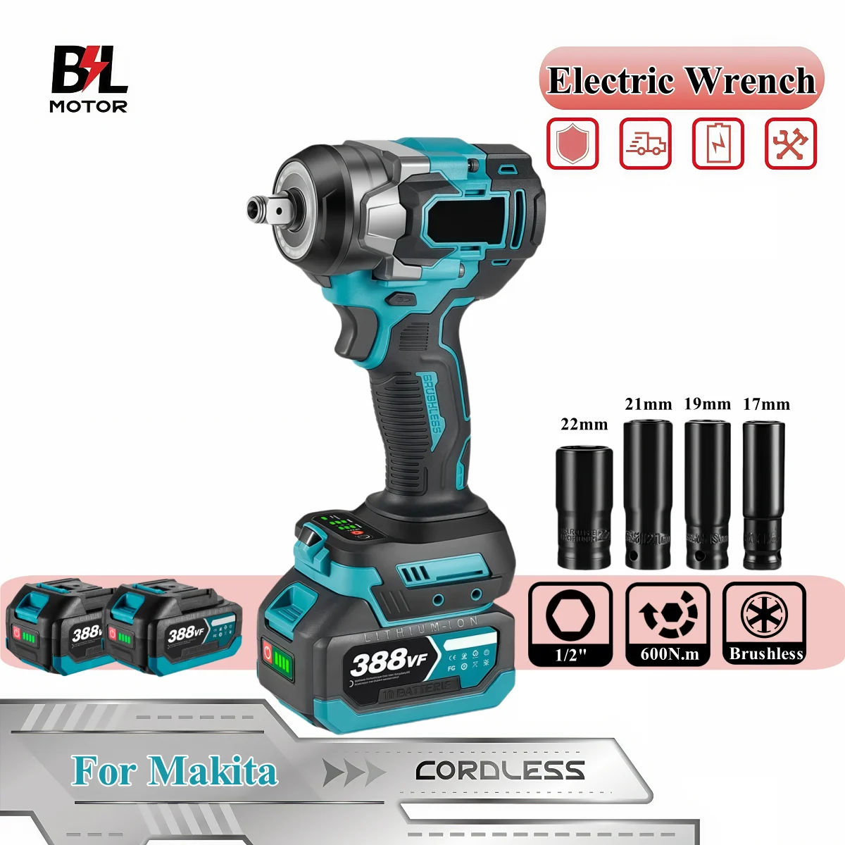 

Brushless 600N.m Electric Impact Wrench 1/2" Chuck W/ 4PC Sleeve Cordless Screwdriver Car Repair Power Tool For Makita 18V