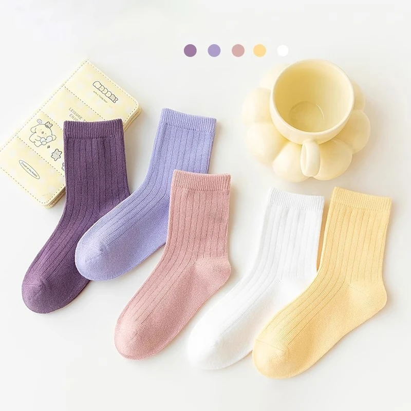 5 أزواج من جوارب الفتيات بلون الحلوى الحلوة متعددة الاستخدامات، كاجوال ومريحة، جوارب متوسطة الحجم مناسبة للارتداء اليومي