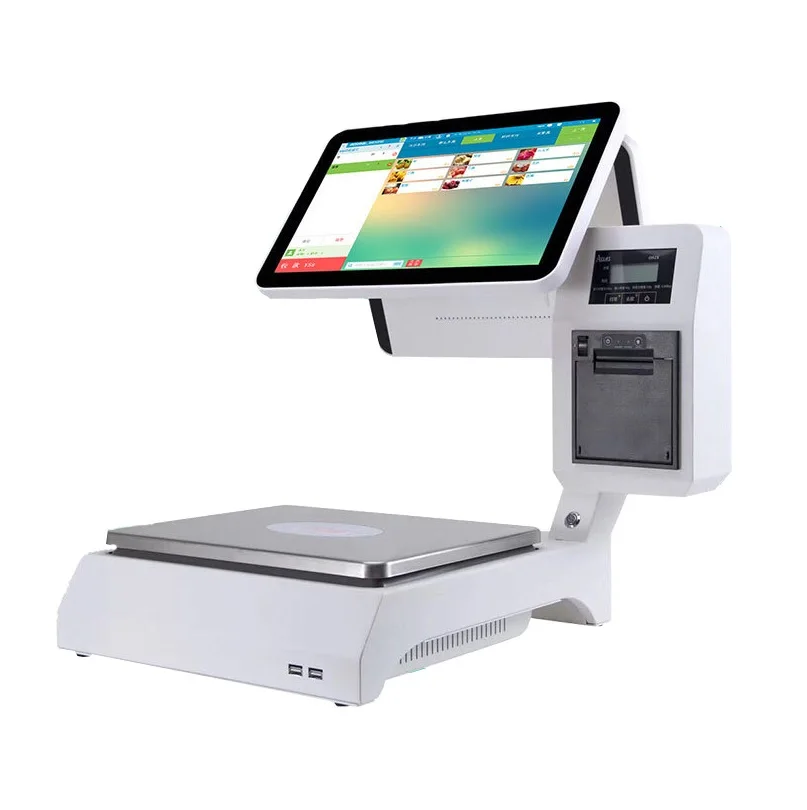 Digital Commercial Scale Dual touch screen 15kg electronic weighting pos scale with built-in thermal printer for fruit shops