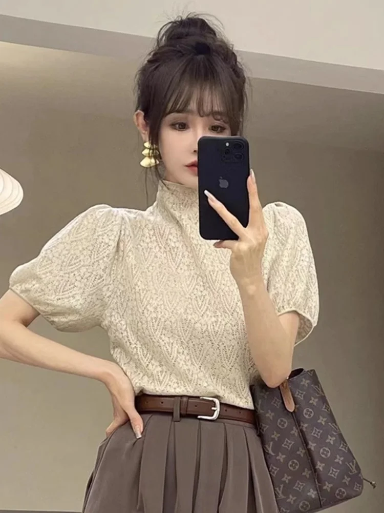 

Элегантная женская блузка с коротким рукавом и высоким воротником, утягивающая, с кружевом и стразами, летняя новинка, нежный стиль