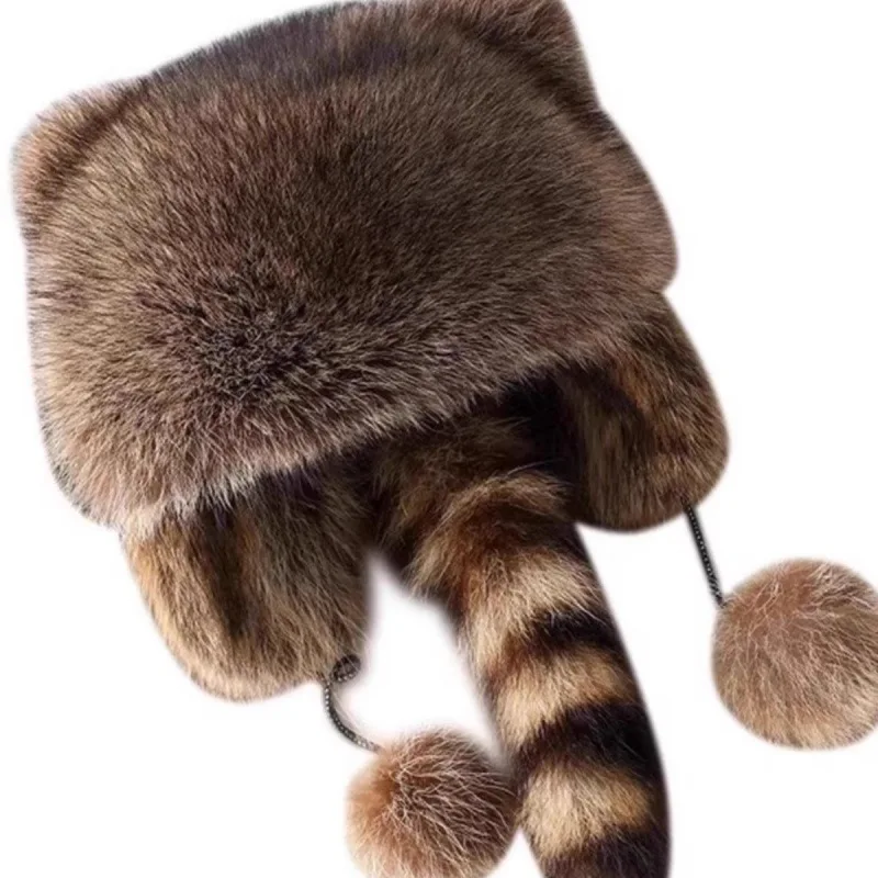 

Raccoon Fur Hat-Small Bear Design with Ear Flaps and Tail Cat Ear Style Thickened Warm Headwear for Winter