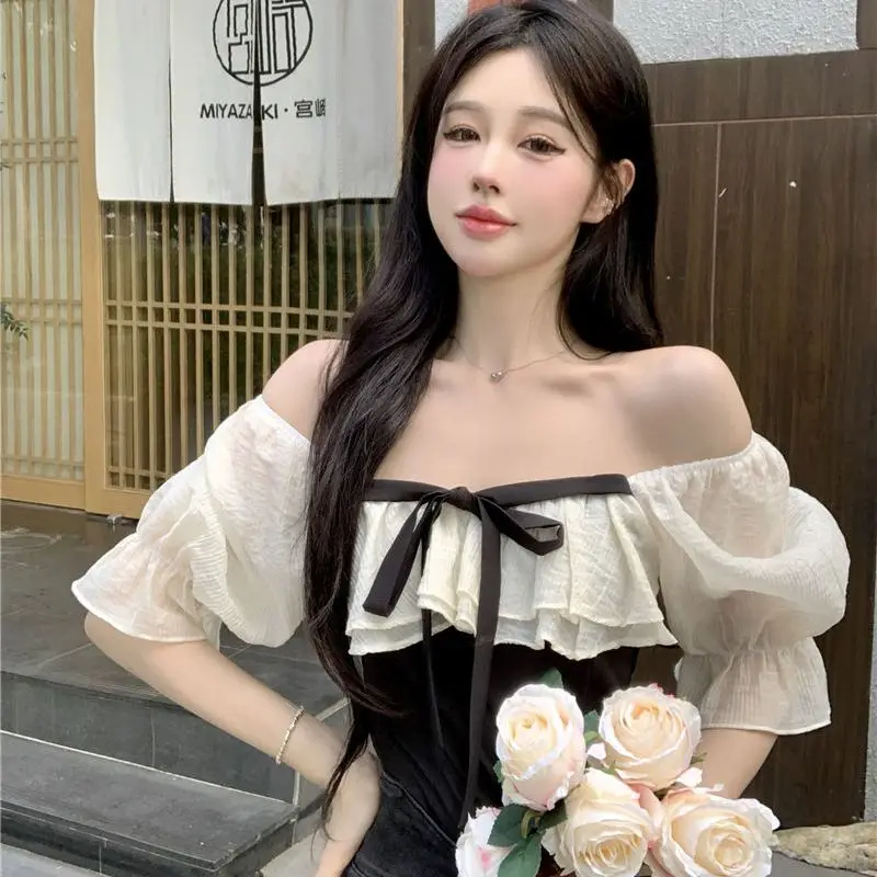 Crop Blouses Women Ruffles Chic Sweet Vintage French Style Short-sleeve Aesthetic Halter Hot Summer Leisure Fashion Patchwork