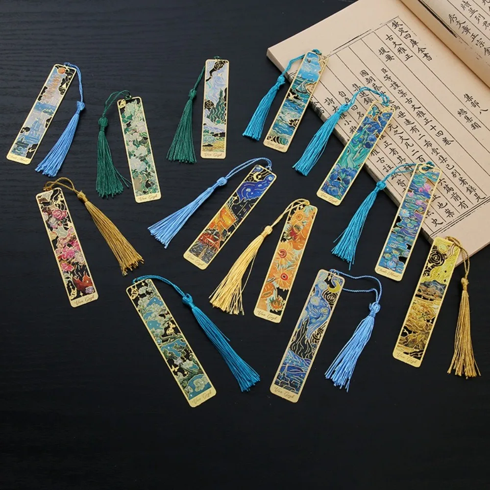 Hollow Metal Bookmark Exquisite Rectangular Book Marks Landscape Flower Oil Painting Style Reading Stationery for Student Kids
