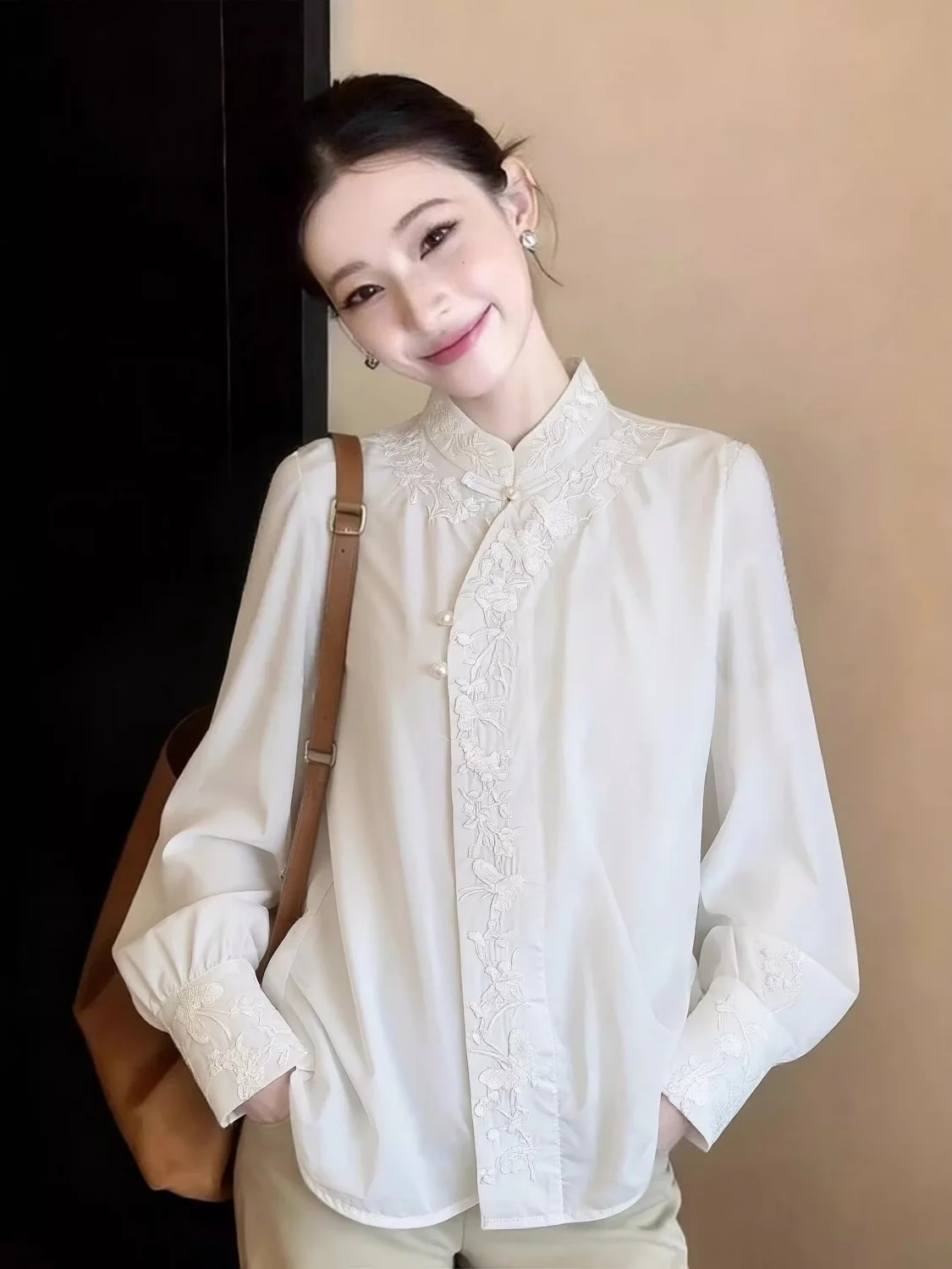

New Chinese Style Embroidered Shirt Women's Spring New White Stand Collar Asymmetrical Slant Button Open Cardigan Top