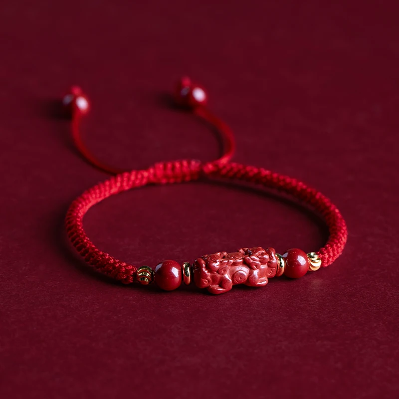 High Quality Natural Cinnabar Auspicious Ruyi Carving Hand Weave Lucky Red Rope Bracelets Buddha Cinnabar Charm Bracelet Bangle