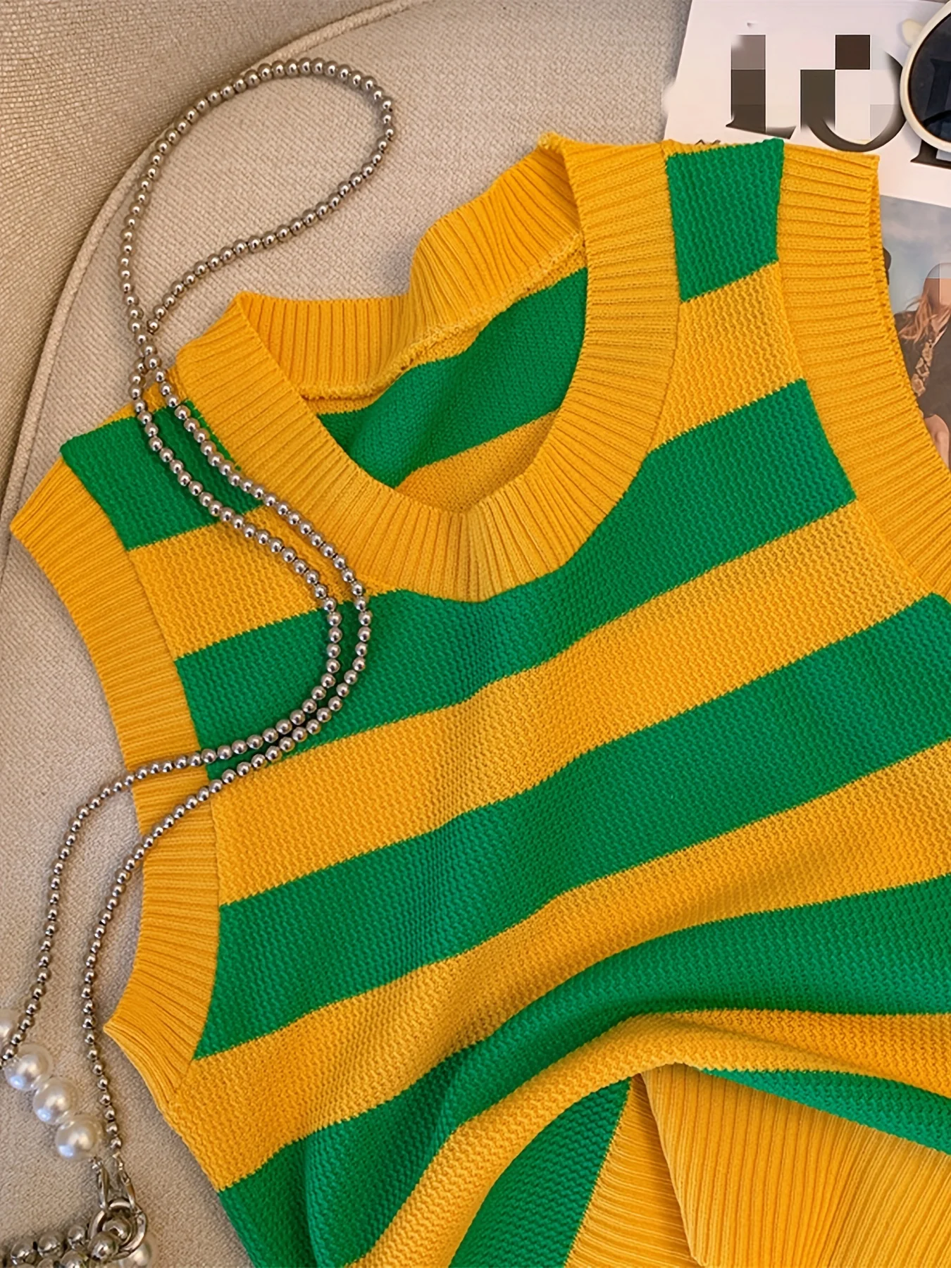 Pull imprimé rayé à col en V pour femme, haut en fibre élastique, documents night, glakn, printemps, été, 2024