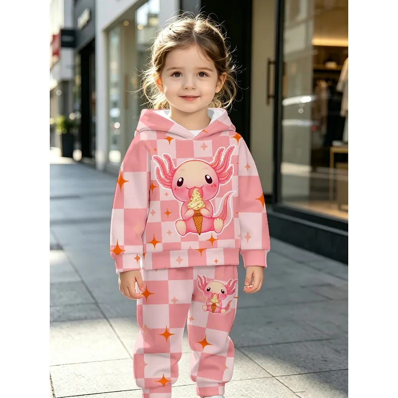 Kids Hoodie Jogger: Pink Check Axolotl Ice Cream Print, Messy Bun Girl Graphic, Red Strawberry Allover Pattern Kid Tracksuit
