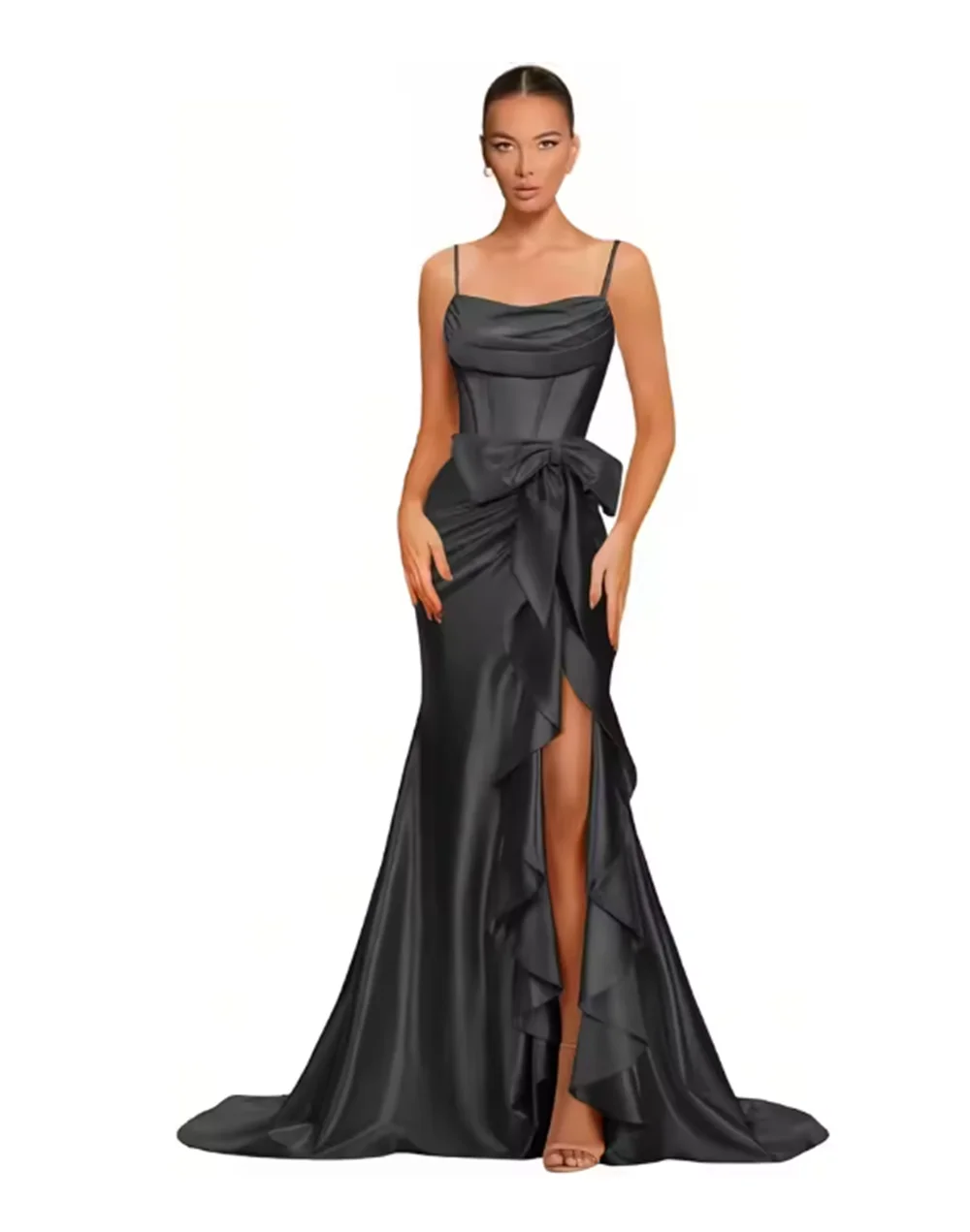 فساتين حفلة موسيقية من الساتان بأشرطة سباغيتي للنساء حورية البحر فستان سهرة بفتحة مكشوفة الكتف مع فستان ضيوف على شكل فيونكة