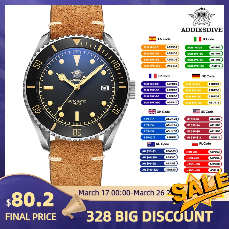 ADDIESDIVE Business Vintage Leather Wrist Watch Waterproof Automatic Mechanical Steel Watch Man European American Casual Watch